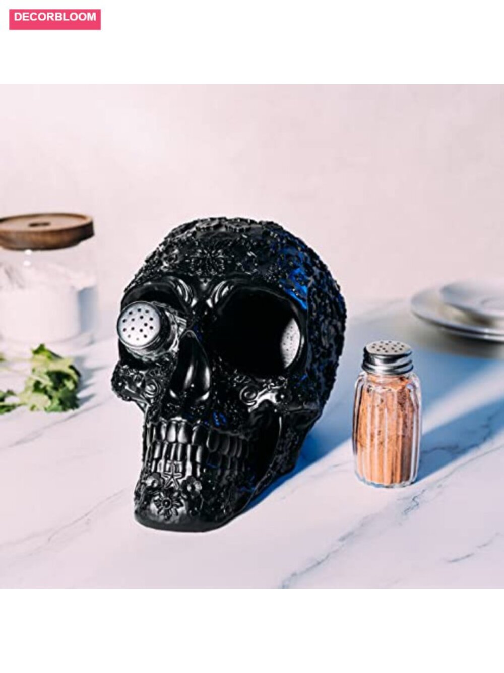 Skull Salt and Pepper Shaker Set Polyresin Holder Kitchen Decor - Picture 5 of 6
